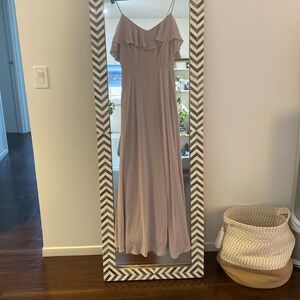 Dessy Bridesmaid, Ruffle-Trimmed Backless Maxi Dress - Britt, Size 4, Taupe